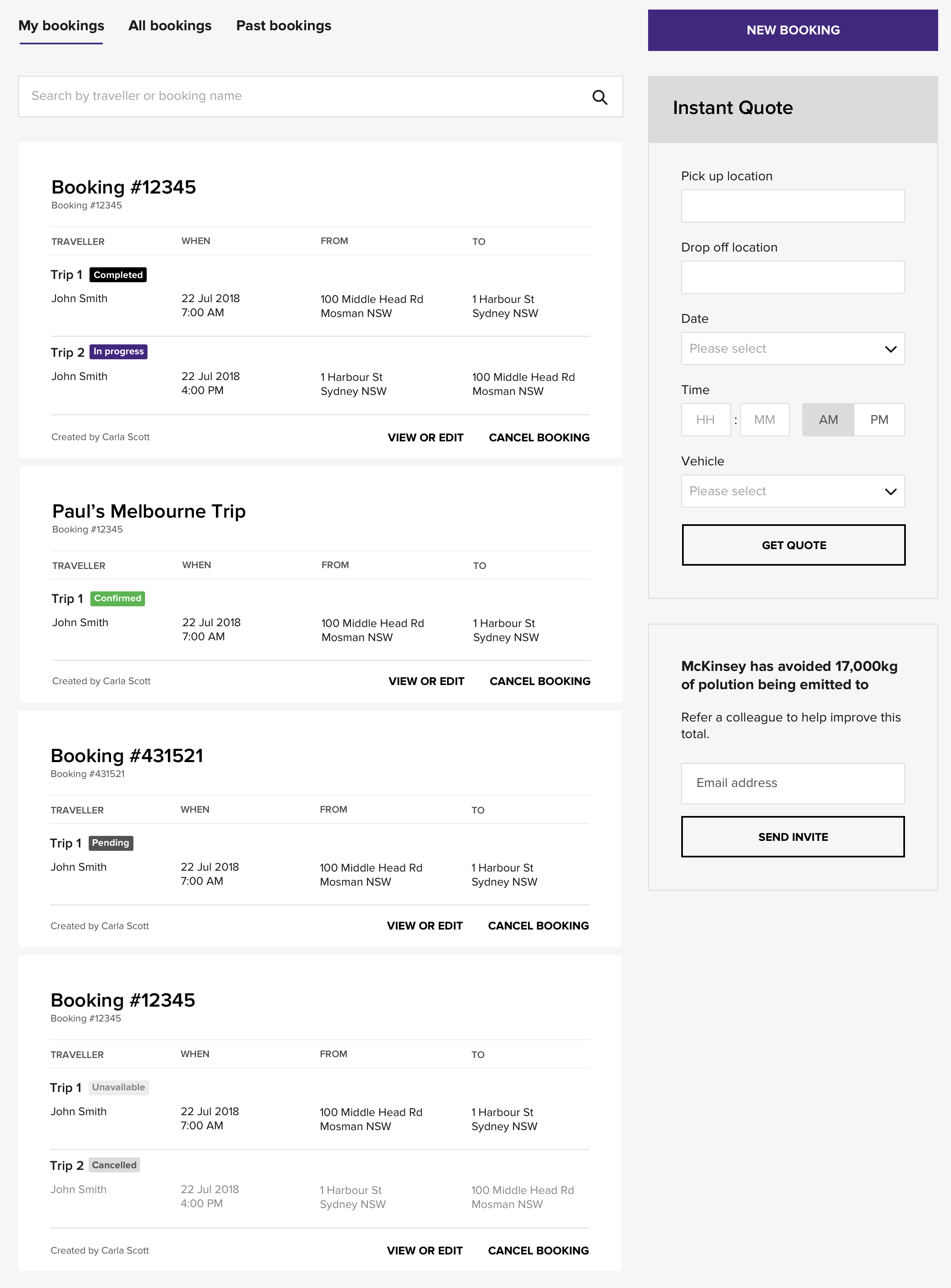 Screnshot of booking portal dashboard with list of upcoming trips